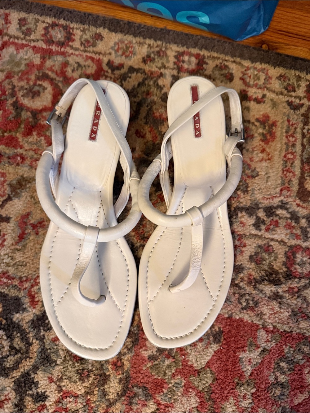 Prada White Leather Ring-Accent Thong Sandals